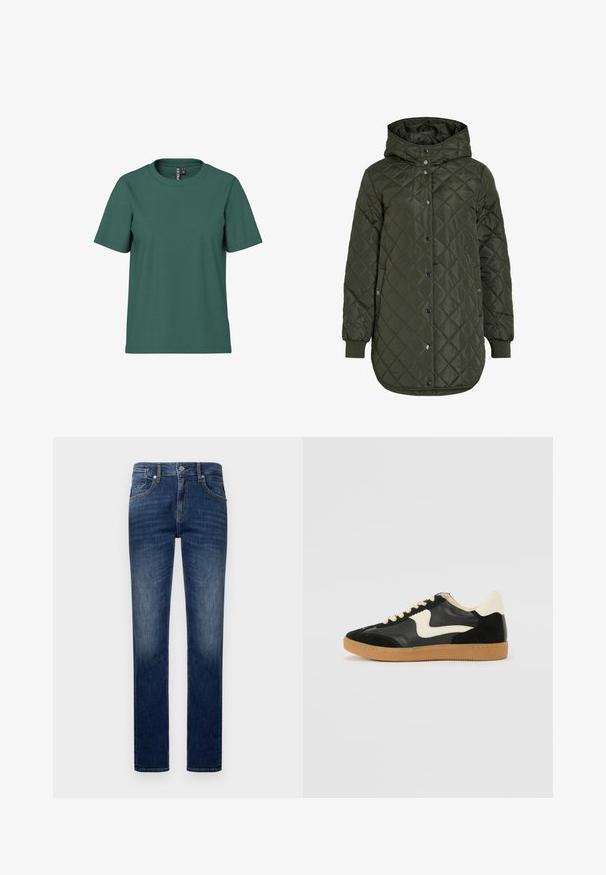 Casaco comprido olive green acolchoado com capuz, botões de pressão e punhos canelados. Apresenta um tecido liso e texturizado com padrão de diamante.; T-shirt de manga curta em algodão verde escuro com decote em crew. Design simples e sem adornos, com um corte relaxado. Textura suave, sem padrões.; Jeans de ganga azul escuro com um design de perna reta, apresentando cinco bolsos, costura contrastante e fecho de zíper.; Sapatilha em camurça e couro pretos com um swoosh lateral em creme e um calcanhar em creme claro. Apresenta atacadores bege e uma sola de borracha tipo gum.