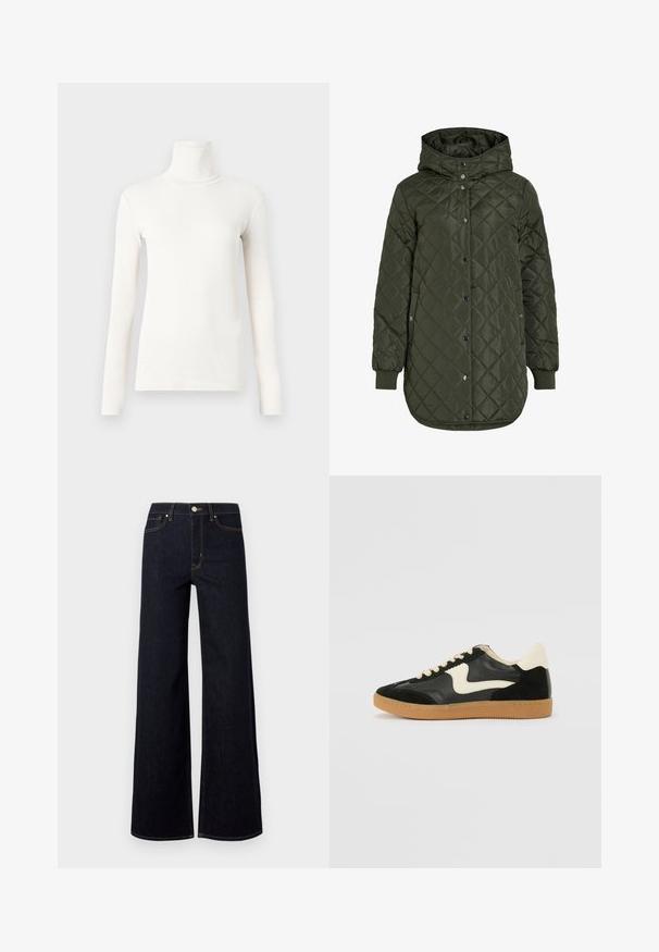 Quilted, long olive green jacket with a hood, snap buttons, and ribbed cuffs. Features a smooth, textured fabric with diamond pattern.; Long-sleeve turtleneck shirt in off-white, made of soft, stretchy fabric with a fitted design and ribbed texture.; Dark blue wide-leg jeans made from denim, featuring a high waist, contrast stitching, and a single metal button at the front.; Black suede and leather sneaker with a cream side swoosh and light cream heel. Features beige laces and a gum rubber outsole.