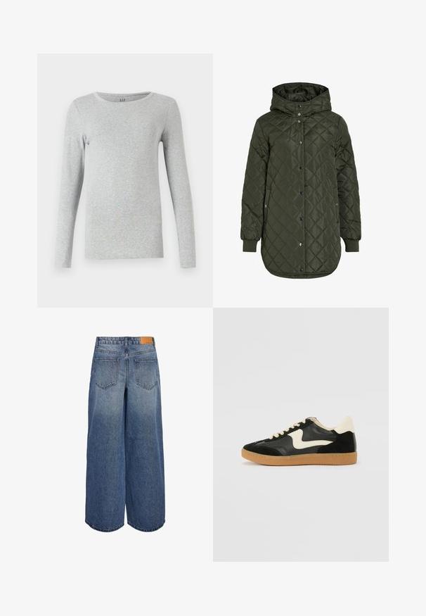 Padded, dolgi olivno zeleni plašč s kapuco, s pritrdilnimi gumbi in rebrastimi manšetami. Ima gladko, teksturirano blago z diamantskim vzorcem.; Siva dolgi rokav T-shirt iz mehkega bombaža. Ima okroglo izrezano ovratnik in prilegajočo silhueto. Preprost, brezšiven dizajn brez vzorcev.; Široke denimske culote srednje modre pranja z blagim izginjanjem, ki imajo dve zadnji žep in rjav usnjen logotip na pasu.; Črne semiš in usnjene superge s kremasto stransko puščico in svetlo kremasto peto. Imajo bež čipke in gumijast podplat.