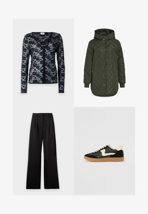 Chaqueta acolchada larga de color verde oliva con capucha, botones a presión y puños acanalados. Presenta una tela suave y texturizada con un patrón de diamantes.; Cárdigan de encaje negro con mangas largas, escote en V y patrón floral. Presenta cierre de botones y una textura delicada y transparente.; Pantalones de pierna ancha en negro, con una textura suave, que presentan pliegues frontales, una cinturilla plana y presillas para cinturón. Diseño simple y ajustado.; Zapatillas de deporte de ante y cuero negro con un swoosh lateral en crema y un talón en crema claro. Presenta cordones beige y una suela de goma marrón.