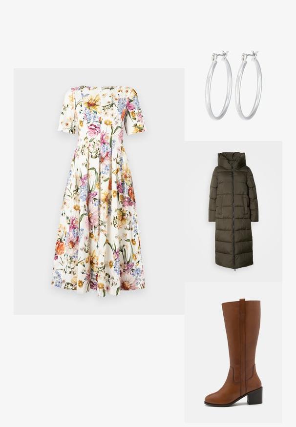 Langer, olivgrüner Daunenmantel mit Kapuze, ausgestattet mit einem Reißverschluss vorne, Seitentaschen und gestepptem Design. Weiche Textur, mittellang.; Blumendruckkleid mit kurzen Ärmeln; hat einen weißen Hintergrund mit bunten Blüten in Pink, Gelb und Blau; Faltenrockdesign.; Braune Lederkniehohe Stiefel mit runder Spitze, seitlichen Nähten und Blockabsatz. Mit einem Zugschlaufe hinten für einfaches Anziehen.; Silberne Creolen mit einer glatten, polierten Oberfläche. Runder Form und sicherem Klickverschluss. Leichtes Design, geeignet für den täglichen Gebrauch.