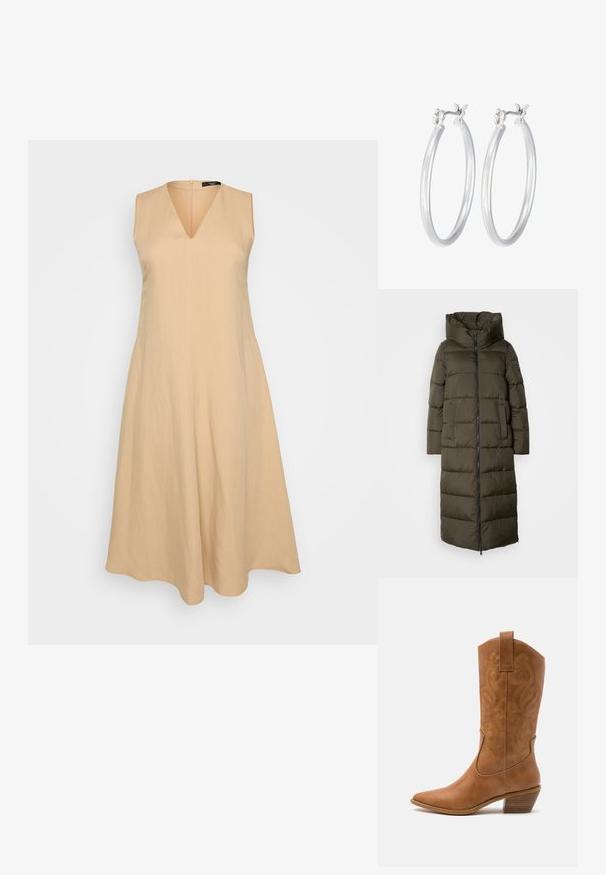 Lang, olivengrøn pufjakke med hætte, med lynlås fortil, sidelommer og quiltet design. Blød tekstur, mellemlang.; Beige ærmeløs kjole med V-udskæring, der svinger ud fra taljen, lavet af et let materiale, med en lynlåslukning bagpå.; Tan læder cowboystøvle med spids tå, broderede svirvelmønstre på skaftet og en stablet blokhæl. Har en træksløjfe for nem af/på.; Sølv hoop øreringe med en glat, poleret overflade. Rund form og sikker klik-lukning. Letvægtsdesign, der er velegnet til hverdagsbrug.