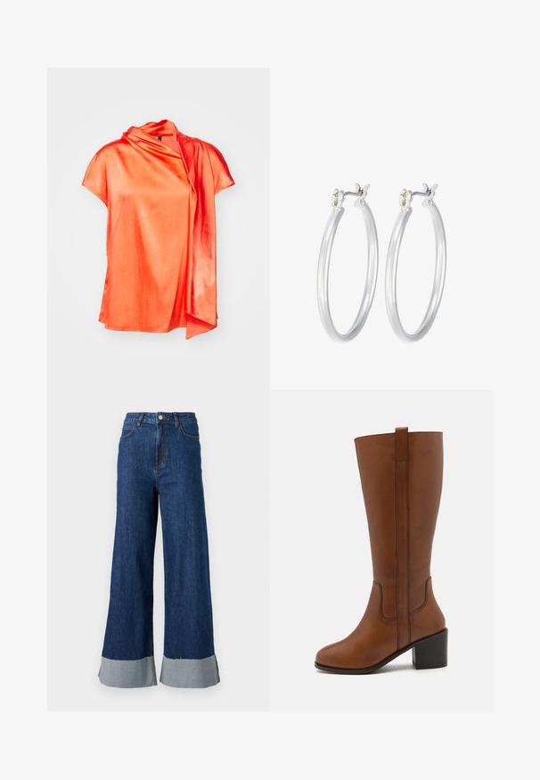 Langer, olivgrüner Daunenmantel mit Kapuze, ausgestattet mit einem Reißverschluss vorne, Seitentaschen und gestepptem Design. Weiche Textur, mittellang.; Marc Cain Bluse - bright tomato; Weite Jeanshose mit dunkler blauer Waschung, ausgestattet mit einem kontrastierenden hellblauen Saum und klassischem Fünf-Taschen-Design.; Braune Lederkniehohe Stiefel mit runder Spitze, seitlichen Nähten und Blockabsatz. Mit einem Zugschlaufe hinten für einfaches Anziehen.; Silberne Creolen mit einer glatten, polierten Oberfläche. Runder Form und sicherem Klickverschluss. Leichtes Design, geeignet für den täglichen Gebrauch.