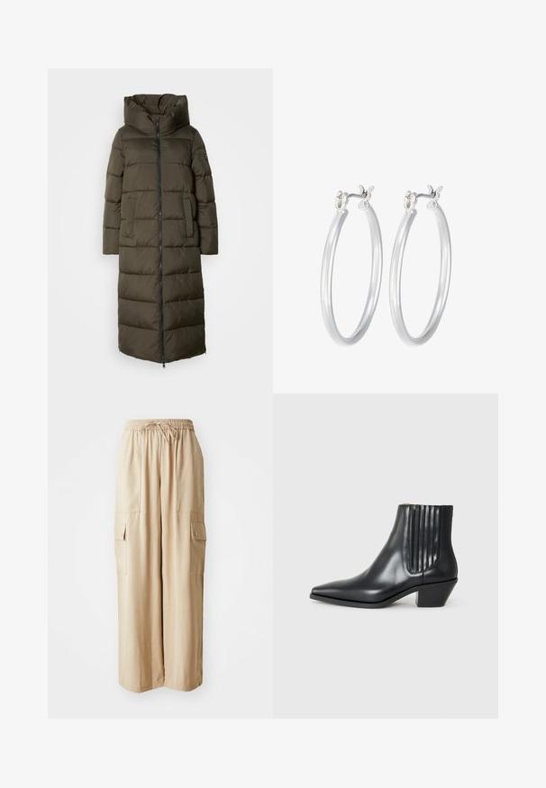 Lang, olivengrøn pufjakke med hætte, med lynlås fortil, sidelommer og quiltet design. Blød tekstur, mellemlang.; Grå ærmeløs turtleneck-top med tætsiddende pasform, ribbet tekstur, glat stof, har høj krave og stilfulde skulderudskæringer.; Beige cargo bukser med brede ben, lavet af et let materiale. Har et elastisk taljebånd, snoretræk og sidelommer med klapper.; Sorte læder ankelstøvle med spids tå, elastiske sidepaneler med lodrette riller og en lav blokhæl. Glat tekstur og slankt design.; Sølv hoop øreringe med en glat, poleret overflade. Rund form og sikker klik-lukning. Letvægtsdesign, der er velegnet til hverdagsbrug.
