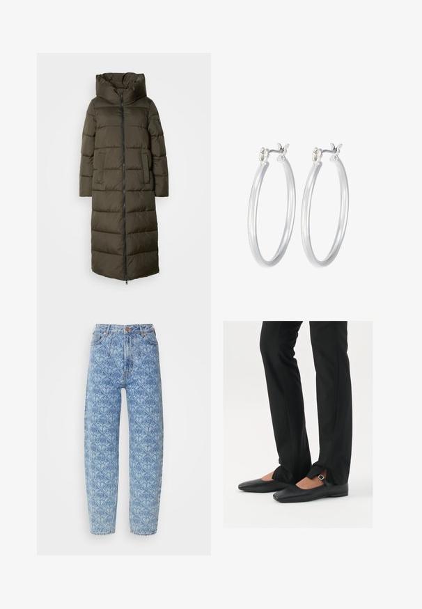 Lang, olivengrøn pufjakke med hætte, med lynlås fortil, sidelommer og quiltet design. Blød tekstur, mellemlang.; Even&Odd Petite 2 PACK - Top - light grey/black; Lysblå højtaljede jeans med geometrisk mønster, lige ben-design, syede detaljer og kobberfarvede knapdetaljer.; Sorte læder balletflade sko med spids tå, rem med sølvspænde, parret med sorte skræddersyede bukser med slids i bunden.; Sølv hoop øreringe med en glat, poleret overflade. Rund form og sikker klik-lukning. Letvægtsdesign, der er velegnet til hverdagsbrug.