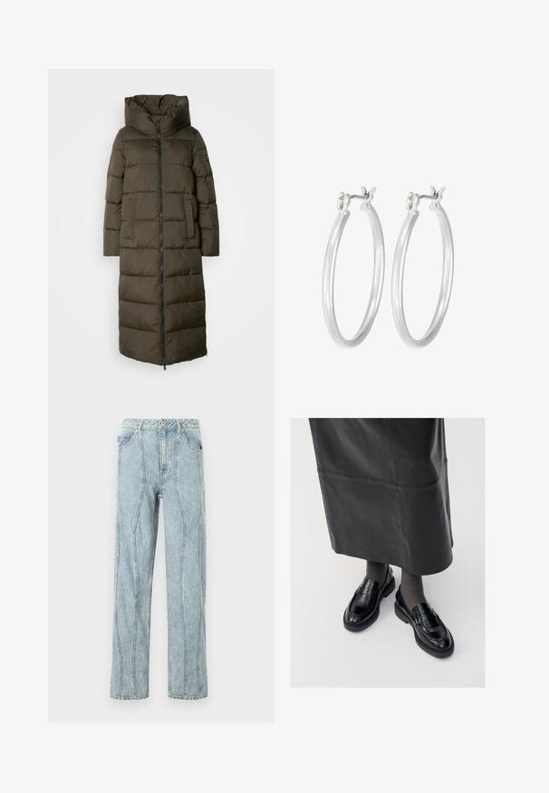 Dolga, olivno zelena puhovka s kapuco, ki ima zadrgo spredaj, stranske žepke in pikčasto zasnovo. Mehka tekstura, srednje dolžine.; Dve brezrokavne majice v črni in beli barvi. Narejene iz mehkega, raztegljivega materiala z rebrasto teksturo in oprijetim dizajnom. Imajo ozke naramnice.; Svijetloplave traperice ravnog kroja, s vertikalnim šavovima i klasičnim dizajnom s pet džepova.; Črne usnjene loafer čevlje s gladko površino, ki imajo dekorativno srajco, okroglo konico in teksturiran podplat. Nosi se z dolgim črnim usnjennim krilom.; Srebrni obroči za ušesa z gladko, polirano površino. Okrogla oblika in varna zaponka s klikom. Lahka zasnova, primerna za vsakodnevno nošenje.