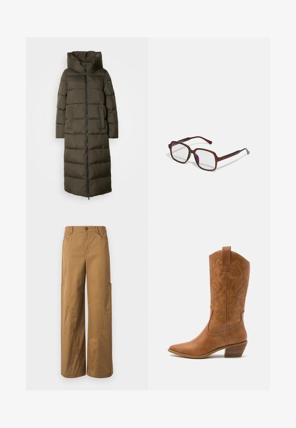 Long, olive green puffer coat with a hood, featuring a zippered front, side pockets, and quilted design. Soft texture, mid-length.; Black cotton t-shirt featuring a crew neckline and short sleeves. Notable white logo on the upper left side. Smooth texture, casual fit.; Brown wide-leg trousers made of cotton, featuring a button closure, side pockets, and noticeable stitching details.; Tan leather cowboy boot with pointed toe, embroidered swirl patterns on shaft, and a stacked block heel. Features a pull tab for easy wear.; Brown, rectangular eyeglasses with transparent lenses and purple tints. Smooth plastic frame with straight temples and subtle accents.; Silver hoop earrings with a smooth, polished finish. Round shape and secure click-top closure. Lightweight design suitable for everyday wear.