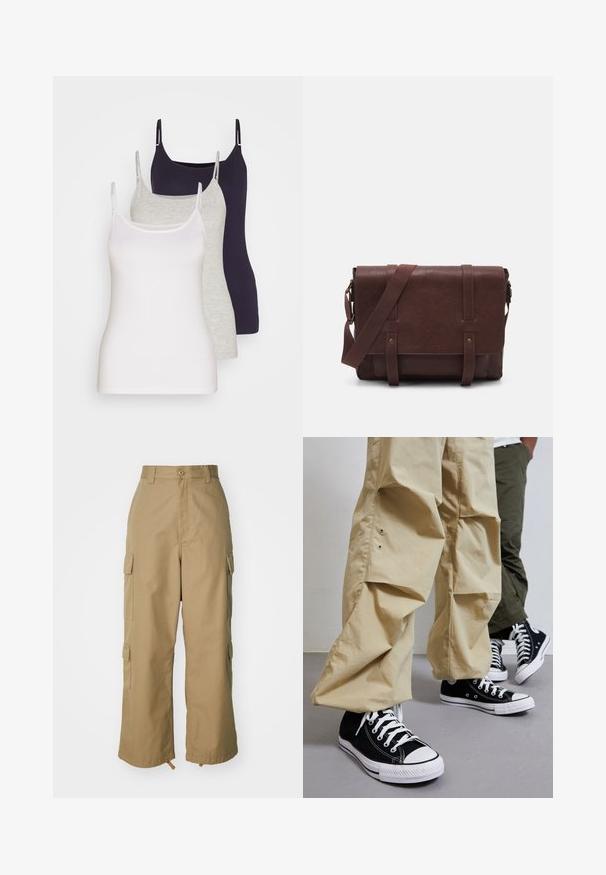 Ilgas, alyvuogių žalios spalvos pūkinis paltas su gobtuvu, turintis užtrauktuką, šonines kišenes ir siuvinėtą dizainą. Minkšta tekstūra, vidutinio ilgio.; Trys marškinėliai be rankovių balta, pilka ir tamsiai mėlyna spalvomis. Pagaminti iš minkštos medvilnės, turi plonas juostas ir prigludusį dizainą be puošmenų.; Šviesiai rudos spalvos cargo kelnės su aukštu liemeniu, plačiomis kojomis ir keturiomis didelėmis šoninėmis kišenėmis. Pagamintos iš patvarios medžiagos su lygiu paviršiumi ir minimaliais detalėmis.; Juodos drobės aukštakulniai sportbačiai su baltais guminiais padais, derinami su šviesiai bežinėmis laisvomis kelnėmis, turinčiomis šonines kišenes ir laisvu siluetu.; Rudas odinis paštininko krepšys su lygiu priekiniu dangčiu, dviem diržais, auksiniais detalėmis ir reguliuojamu peties diržu.; Sidabriniai auskarai su sklandžiu, poliruotu paviršiumi. Apvalios formos ir saugus uždarymo mechanizmas. Lengvas dizainas, tinkantis kasdieniam dėvėjimui.