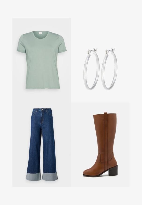 Dlouhá, olivově zelená péřová bunda s kapucí, se zipem vpředu, bočními kapsami a prošívaným designe. Měkká textura, střední délka.; Světle zelené tričko s krátkým rukávem vyrobené z měkkého materiálu, s kulatým výstřihem a ohrnutými rukávy. Hladká textura, mírně uvolněný střih.; Kalhoty z denimu s širokými nohavicemi v tmavě modré barvě, se světle modrým kontrastním nápletem a klasickým pěti-kapsovým designem.; Hnědá kožená vysoká bota po kolena s kulatou špičkou, bočním šitím a blokovým podpatkem. Obsahuje zadní poutko pro snadné obouvání.; Stříbrné kruhové náušnice s hladkým, lesklým povrchem. Kulatý tvar a bezpečné zapínání na klip. Lehký design vhodný pro každodenní nošení.