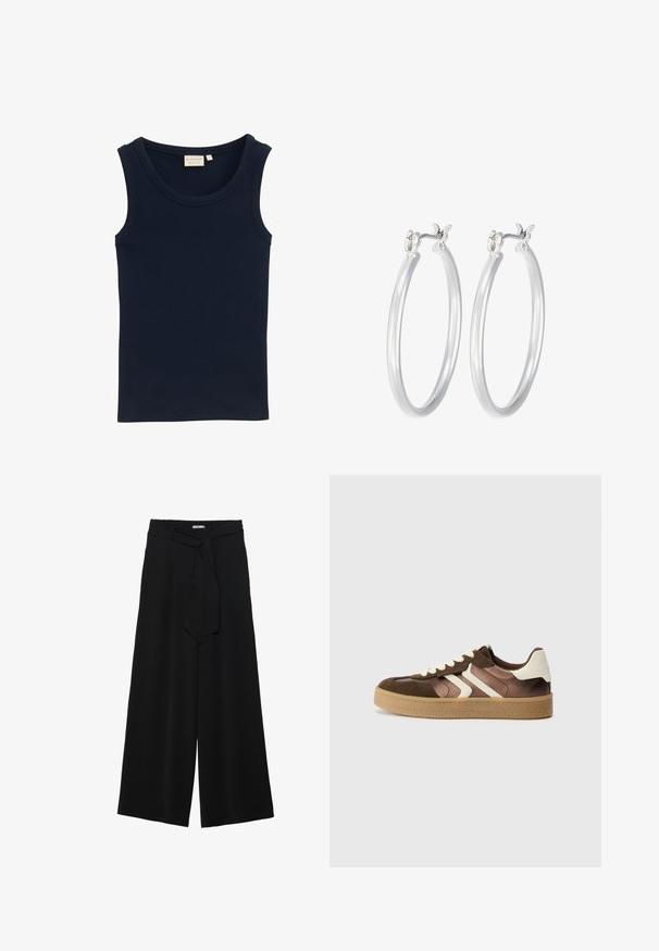 Long, olive green puffer coat with a hood, featuring a zippered front, side pockets, and quilted design. Soft texture, mid-length.; TOM TAILOR MIT STRUKTUR - Top - sky captain blue; Black wide-leg pants featuring a textured fabric, an elastic waistband, and a detachable sash tie at the waist for adjustable fit.; Brown and cream sneakers with a combination of suede and satin materials, featuring three diagonal stripes and a textured gum sole.; Silver hoop earrings with a smooth, polished finish. Round shape and secure click-top closure. Lightweight design suitable for everyday wear.