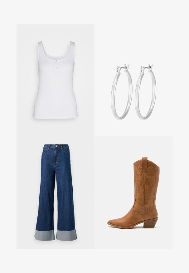 Dolga, olivno zelena puhovka s kapuco, ki ima zadrgo spredaj, stranske žepke in pikčasto zasnovo. Mehka tekstura, srednje dolžine.; Bela majica na naramenice iz žametanega blaga, z okroglim izrezom in tremi kovinskimi gumbi spredaj. Gladka tekstura, oprijet kroj.; Hlače iz denima širokih nogavic s temno modrim opranjem, s kontrastnim svetlomodrim manšetom in klasičnim petim žepom.; Rjavi usnjeni kauboj čevlji s koničastim nosom, vezenimi vijugastimi vzorci na zgornjem delu in zloženim kvadratnim peto. Imajo zanko za enostavno obuvanje.; Srebrni obroči za ušesa z gladko, polirano površino. Okrogla oblika in varna zaponka s klikom. Lahka zasnova, primerna za vsakodnevno nošenje.