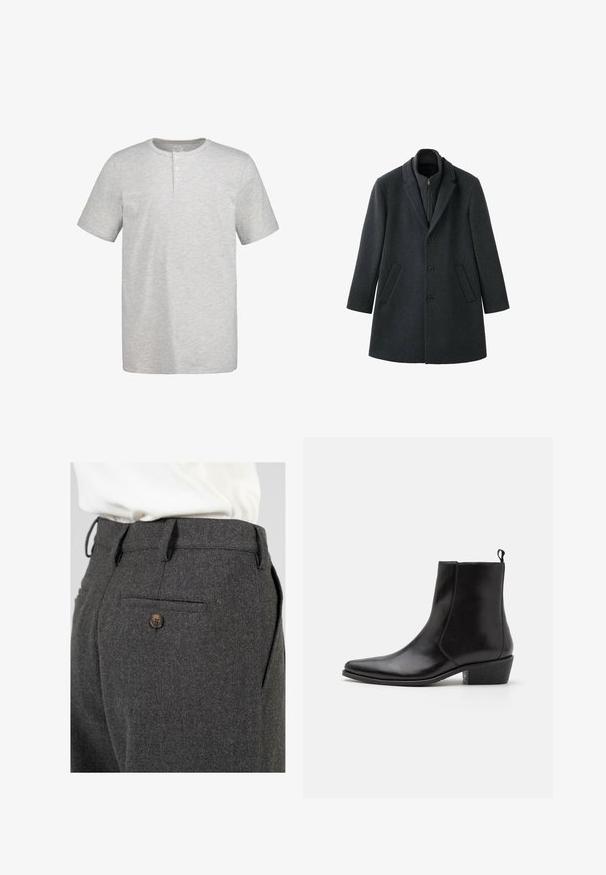 Cappotto in lana grigio scuro con design strutturato, rever a incastro, tre bottoni, tasche laterali e colletto interno con cerniera.; T-shirt grigio a maniche corte realizzato in tessuto morbido, con scollatura rotonda e tre bottoni, dal design pulito e semplice.; Pantaloni di lana grigi con una finitura texturizzata, dotati di una tasca posteriore singola con un bottone marrone e passanti per cintura nella vita.; Zign LEATHER - Stivaletti texani / biker - black