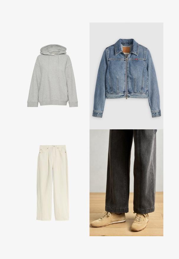 Chaqueta de mezclilla azul claro con cierre de cremallera, cuello puntiagudo y bolsillos laterales. Cuenta con costuras naranjas y una etiqueta con el logo en el pecho.; Sudadera gris con capucha de corte relajado, con mangas largas, cordón y puños acanalados. Fabricada en una suave tela texturizada.; Pantalones de pierna ancha color crema claro elaborados con una tela texturizada. Presentan un cierre de botón, remaches en tono cobre y cuatro bolsillos.; Zapatillas de ante beige con suelas blancas, combinadas con pantalones de pierna ancha gris oscuro. Los pantalones tienen un dobladillo limpio y una textura ligeramente desgastada.