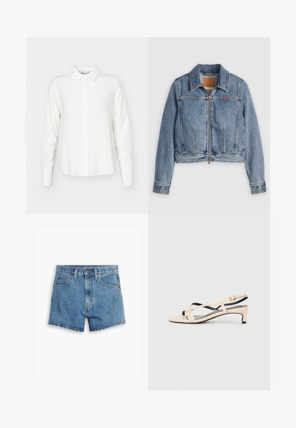 Casaco de ganga azul claro com fecho de correr, gola pontiaguda e bolsos laterais. Apresenta costuras laranja e uma etiqueta com logótipo no peito.; Camisa branca de manga longa, com colarinho, feita de tecido suave; tem um corte reto e uma textura subtil.; Bermudas de ganga em azul claro, com cinco bolsos, fecho de correr e fecho de botão. A bainha está desfiada com um design de corte descontraído.; Sandal de pele bege com tiras cruzadas, salto baixo e detalhes pretos. Textura suave e design minimalista.