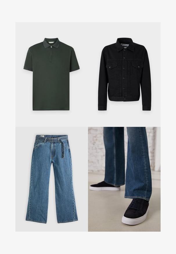 Jaqueta de ganga preta com um colarinho clássico, dois bolsos no peito e fecho com botões de pressão. Apresenta um tecido ligeiramente texturizado e um corte ajustado.; Polo de cor verde escuro com mangas curtas, gola com fecho éclair e acabamento em tecido texturizado contrastante na gola. Feito de um tecido suave com um design minimalista.; Jeans de ganga azuis de perna larga com cinto preso, bolsos frontais e costura visível sobre um fundo claro.; Tênis de camurça azul escuro com sola de borracha branca e atacadores, combinados com jeans de perna larga em um tom de azul médio.