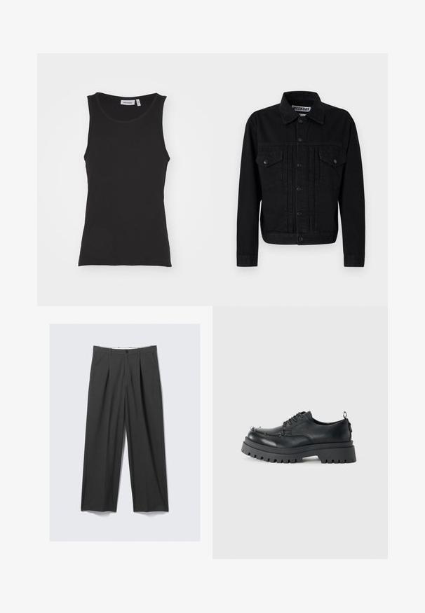 Giacca di jeans nera con colletto classico, due tasche sul petto e chiusura a bottoni a pressioni. Presenta un tessuto leggermente testurizzato e una vestibilità su misura.; Canotta nera senza maniche in cotone, con collo rotondo, texture a costine e orlo dritto. L'etichetta riporta "WEEKDAY."; Pantaloni grigi a gamba larga con pieghe. Realizzati in un tessuto morbido, presentano una chiusura frontale con bottone e passanti per cintura. Design con fronte piatto.; Scarpa nera in pelle chunky con lacci, suola spessa e robusta e occhielli in metallo nell'area delle dita, fotografata su uno sfondo chiaro e uniforme.
