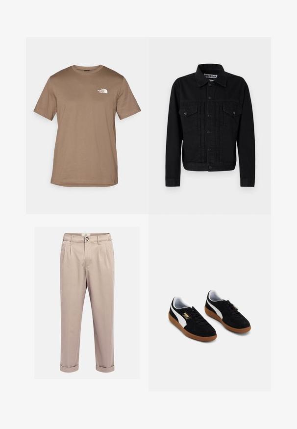 Must muströöpidega must denim jope klassikalise kraega, kahe rindkere taskuga ja plsnugluku sulgemisega. Omab veidi tekstuurset kangast ja kohandatud sobivust.; Pruun lühikeste varrukatega T-särk, mis on valmistatud puuvillast ja millel on ribapitsist ümar kaelus. Esiküljel on vasakpoolsel rinnal väike valge logo.; Bežid pleeditud püksid, mis on tehtud puuvillase segakangaga. Alt keeratud ääred ja nööbiga sulgur vööl. Omab küljetaskuid ja sileda tekstuuri.; Mustad mustad tossud, millel on valge küljeriba, side-kinnitatud disain ja kummist välistald. Kuldne logo detail küljel.