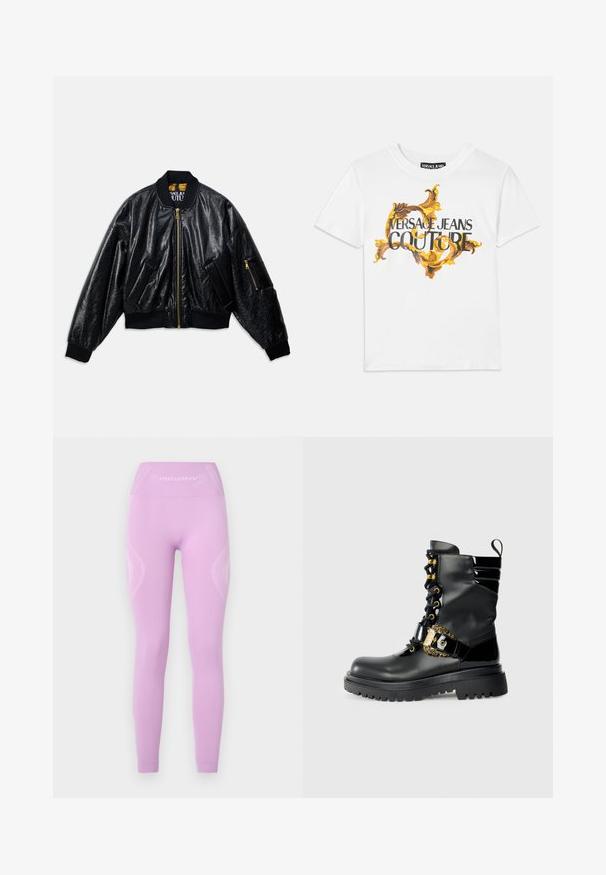 Black shiny bomber jacket with front zipper, two front pockets, ribbed cuffs and hem, and a small zippered pocket on the left sleeve.; White cotton t-shirt featuring a gold and brown baroque pattern, with "VERSACE JEANS COUTURE" prominently displayed in black lettering.; Light purple leggings featuring a high waistband, textured side panels, and subtle logo detail on the front, made from stretchy fabric.; Black leather ankle boot with shiny accents, laces, gold buckle detail, and a thick sole featuring a textured tread.