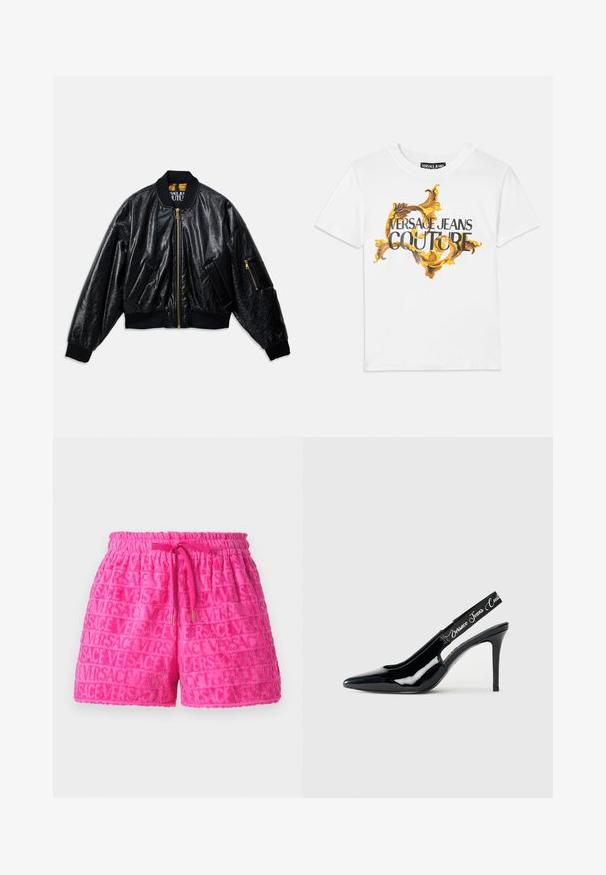 Črni sijoč bomberski jakna z sprednjim zadrgo, dvema sprednjima žepoma, ribastimi manšeti in robom ter majhnim žepom z zadrgo na levem rokavu.; Bela bomba majica iz bombaža z zlatim in rjavim baročnim vzorcem, na kateri je v črnih črkah poudarjeno napisano "VERSACE JEANS COUTURE".; Roza brisa krpica hlače z elastičnim pasom in vrvico, z embosiranim vzorcem besede "VERSACE."; Črne lakaste slingback pete s koničastim nosom, ki vsebujejo izrezan del in elastičen trak z utisnjenim imenom blagovne znamke.