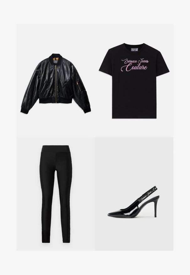 Melna spīdīga bomber jaka ar priekšējo rāvējslēdzēju, divām priekšējām kabatām, ribotām piedurknēm un apakšmalu, kā arī mazu rāvējslēdzēja kabatu uz kreisās piedurknes.; Melns kokvilnas t-krekls ar īsām piedurknēm, kura krūtīs ir rozā akmens pērlītēm rotāts "Versace Jeans Couture" uzraksts.; Melnas leggingas ar gludu, elastīgu audumu, augstu jostasvietu un pieguļošu dizainu. Nav redzamu rakstu vai akcentu.; Melna lakota āda ar aizsistēm slingi, ar norādītas formas purngalu, kas satur izgriezumu un elastīgu siksniņu ar iegravētu zīmola nosaukumu.