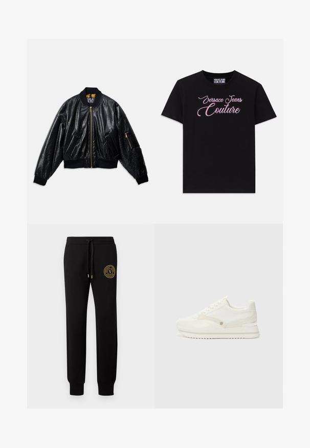 Casaco bomber preto brilhante com fecho frontal, dois bolsos frontais, punhos e bainha em ribana, e um pequeno bolso com fecho no braço esquerdo.; T-shirt de algodão preto com mangas curtas, apresentando o texto "Versace Jeans Couture" em strass rosa adornando o peito.; Calças de moletom pretas com punhos elásticos e cintura ajustável com cordão. Apresenta um emblema dourado com o nome da marca na coxa esquerda.; Sapatilhas brancas com uma mistura de materiais lisos e texturizados, apresentando um logótipo subtil, um design de atacadores e uma sola em ziguezague.