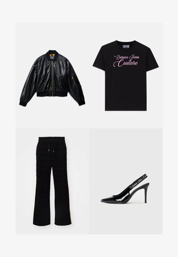 Juodas blizgantis bomberio stiliaus švarkas su priekiniais užtrauktukais, dviem priekinėmis kišenėmis, raukiniais ant rankovių ir apykaklės bei maža užtraukiama kišenė kairėje rankovėje.; Juodas medvilninis marškinėliai trumpomis rankovėmis su rožiniais kristalais papuoštomis "Versace Jeans Couture" užrašais per krūtinę.; Juodos kelnės su tekstūruotu audiniu ir "VERSACE" logotipo raštu, su raišteliu reguliuojamu liemeniu ir geltonomis šoninėmis detalėmis. Platėjanti kojų konstrukcija.; Juodas lakuotas odinis slingback aukštakulnis su smailiu pirštu, su išpjovimu ir elastinga juostele, ant kurios išspausdinta prekės ženklo pavadinimas.