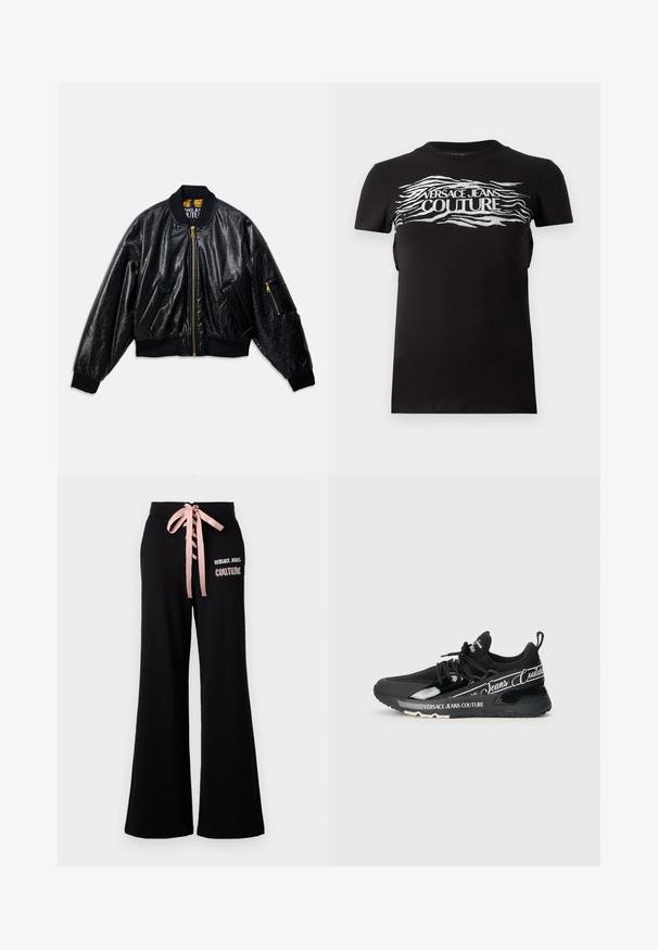 Chaqueta bomber negra brillante con cremallera frontal, dos bolsillos frontales, puños y dobladillo acanalados, y un pequeño bolsillo con cremallera en la manga izquierda.; Camiseta de algodón negra con un gráfico texturizado en plata que dice "VERSACE JEANS COUTURE" y patrones de líneas onduladas en el pecho y mangas cortas.; Pantalones de pierna ancha negros, hechos de tela suave, con un lazo de cinta rosa en la cintura y el logo de Versace Jeans Couture en la parte frontal.; Zapatilla deportiva negra con parte superior de malla y suela de goma. Presenta detalles de marca y un diseño elegante. Detalles reflectantes a lo largo de los lados.