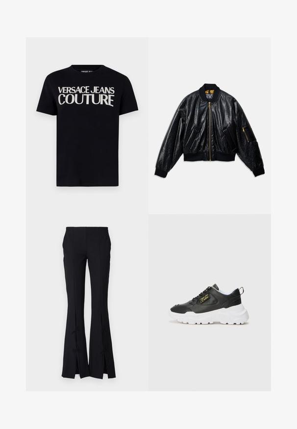 Must musta bomber jakk, millel on ees lukku, kaks eesmist taskut, soonikkoes ja -äär, ning väike lukuga tasku vasakul varrukal.; Must musta T-särk, millel on rinnal suurte valgete tähtedega "VERSACE JEANS COUTURE" logo. Klassikaline ümmargune kaelus ja lühikesed varrukad.; Mustad flared püksid, mis on valmistatud siledast kangast, esitavad hemil lõikeid, mis on seotud paeladega lisadetaili jaoks.; Must musta sneaker valge kummist tallaga, millel on pehmendatud kaelus, paeltega esiosa ja külgedel kuldne logo detail.