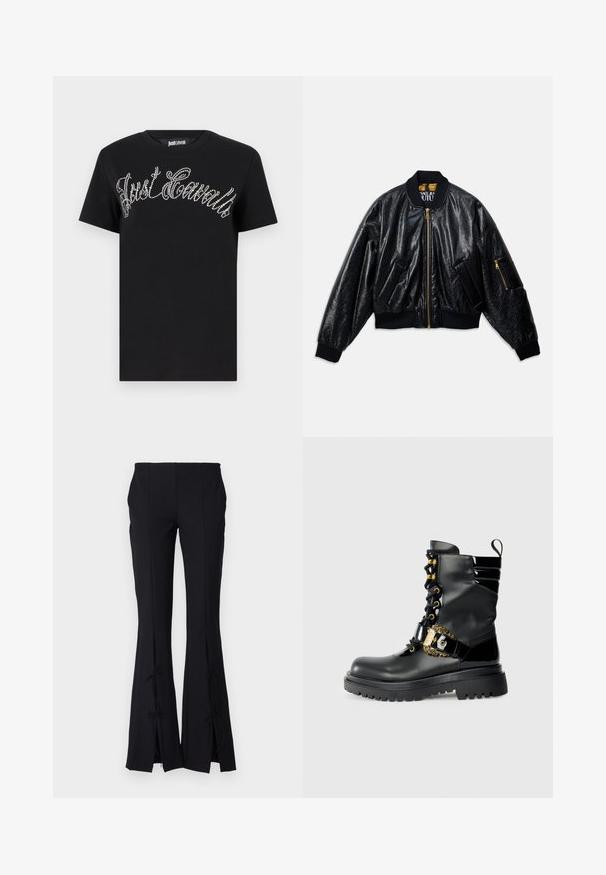 Black shiny bomber jacket with front zipper, two front pockets, ribbed cuffs and hem, and a small zippered pocket on the left sleeve.; Black short-sleeve t-shirt made of cotton. Features rhinestone lettering in cursive reading "Just Cavalli" on the front.; Black flared pants made from a smooth fabric, featuring slits at the hem tied with bows for added detail.; Black leather ankle boot with shiny accents, laces, gold buckle detail, and a thick sole featuring a textured tread.