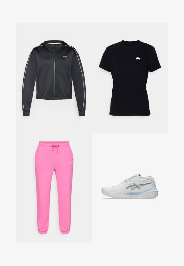 Lacoste Sport TENNIS JACKET - Športna jakna/jopica - black/flour; Črna bombažna majica s kratkimi rokavi in klasičnim ovratnikom, z majhnim belim logotipom Lacoste, ki je postavljen na levi prsni delu.; Roza trenirke iz mehkega bombažnega materiala z vrvico za zategovanje v pasu, rebrastimi manšetami in majhnim logotipom natisnjenim na stegnu.; Bele športne čevlje bele barve z teksturirano zgornjo stranjo, ki imajo prosojen modri podplat in subtilno sivo znamčenje ob strani. Okrogla konica in nizek profil.