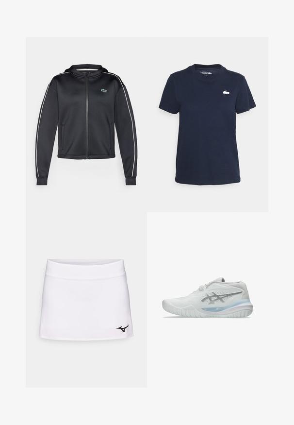 Lacoste Sport TENNIS JACKET - Casaco de treino - black/flour; T-shirt de algodão azul marinho com decote redondo e mangas curtas. Apresenta um pequeno logo branco da Lacoste no lado esquerdo do peito. Textura suave.; Saia desportiva branca com um cós ajustado e corte reto. Apresenta um logotipo preto na parte inferior esquerda. Textura de tecido suave.; Tênis atléticos brancos com um cabedal texturizado, apresentando uma sola azul translúcida e uma discreta marcação cinza na lateral. Bico arredondado e perfil baixo.
