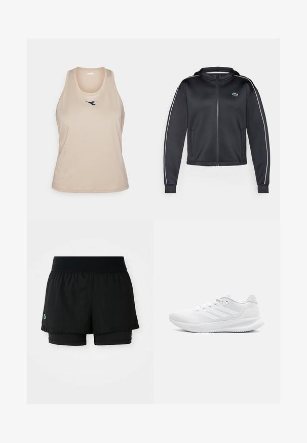Lacoste Sport TENNIS JACKET - Trainingsvest - black/flour; Beige tanktop van gladde, lichte stof. Voorzien van een ronde halslijn en een klein marineblauw logo op het middenvoor.; Zwarte sportshorts met een geplooide buitenlaag en binnenfitting. Beschikt over een geribbelde tailleband voor comfort en flexibiliteit.; Witte sportschoenen van meshmateriaal, met een gestroomlijnd ontwerp, ronde neus, gestructureerde hiel en drie strepen aan de buitenkant.