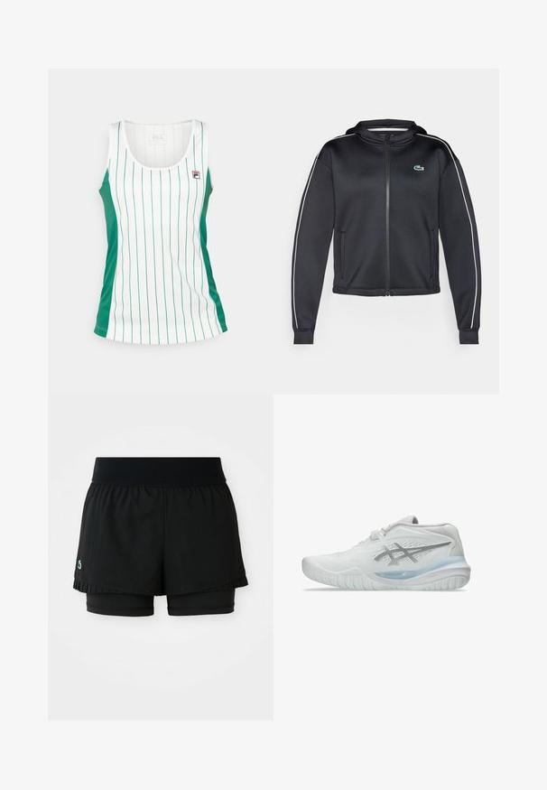 Lacoste Sport TENNIS JACKET - Training jacket - black/flour; White tank top with green side panels and vertical green stripes. Made of smooth fabric, featuring a small logo at the chest. Round neckline.; Black athletic shorts with a pleated outer layer and inner fitted shorts. Features a ribbed waistband for comfort and flexibility.; White athletic shoes with a textured upper, featuring a translucent blue sole and subtle gray branding on the side. Rounded toe and low profile.