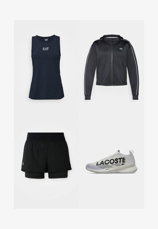 Lacoste Sport TENNIS JACKET - Casaco de treino - black/flour; Camisola de treino sem mangas em azul-marinho, confeccionada em tecido suave. Apresenta o logotipo EA7 em branco no peito. Design simples e ajustado.; Calções atléticos pretos com uma camada externa plissada e calções interiores ajustados. Apresenta uma cintura canelada para conforto e flexibilidade.; Sapatilha Lacoste branca e cinza com gola semelhante a uma meia, grande texto do logótipo preto e sola acolchoada com a inscrição "LSRFOAM" em fundo branco.