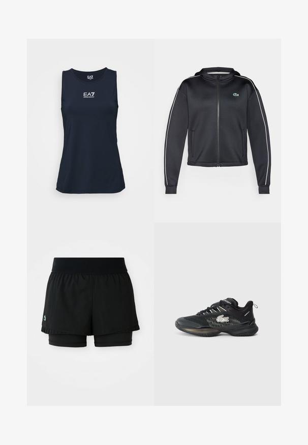 Lacoste Sport TENNIS JACKET - Treningsjakke - black/flour; Marineblå ermeløs treningstopp laget av glatt stoff. Har EA7-logoen i hvitt på brystet. Enkel, tettsittende design.; Sorte idrettsshorts med en plisserte ytterlag og innvendige tettsittende shorts. Har en ribbet midjebånd for komfort og fleksibilitet.; Sorte Lacoste atletiske sneakers med mesh-overdel, hvit logo, polstret såle og snøring, vist i venstre sideprofil på hvit bakgrunn.