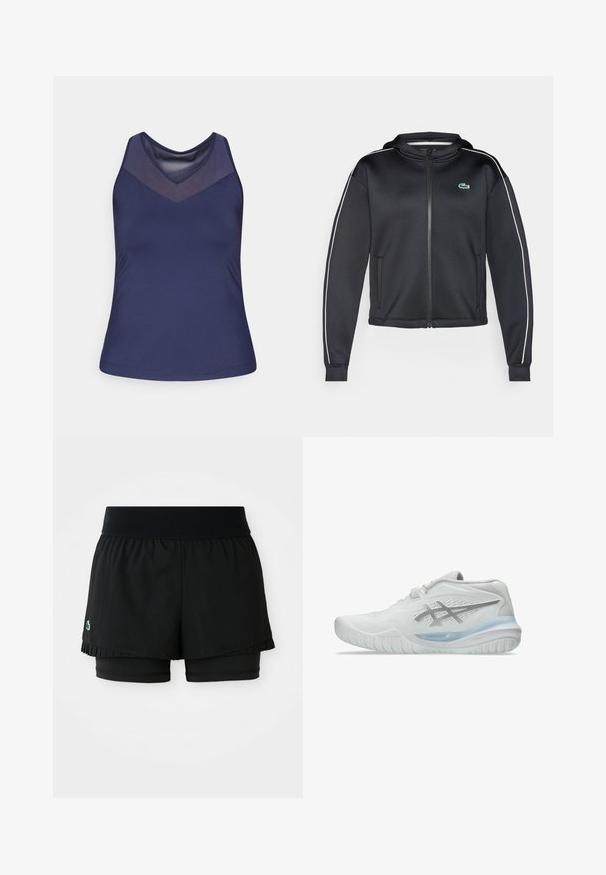 Lacoste Sport TENNIS JACKET - Casaco de treino - black/flour; Camiseta sem mangas azul-marinho com decote em V e design de painel em malha. Tecido suave com um formato ajustado e bainha costurada.; Calções atléticos pretos com uma camada externa plissada e calções interiores ajustados. Apresenta uma cintura canelada para conforto e flexibilidade.; Tênis atléticos brancos com um cabedal texturizado, apresentando uma sola azul translúcida e uma discreta marcação cinza na lateral. Bico arredondado e perfil baixo.