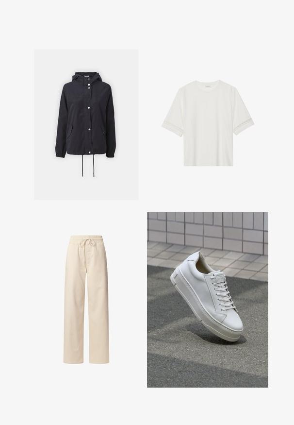 Mornarsko plava jakna s kapuljačom od lagane tkanine, sadrži srebrne kopče, dva prednja džepa i podesive vezice na rubu.; Bjela majica kratkih rukava od pamuka, s dekorativnom čipkastom obrubom duž rukava i okruglim izrezom.; Bež pamuk hlače s elastičnom trakom za pojas i vezicom. Model širokih nogavica s glatkom teksturom i bez vidljivih uzoraka ili naglasaka.; Bijeli kožni tenisice s niskim dizajnom, ravnim vezicama, zaobljenim vrhom i teksturiranim stranama. Debeli gumeni potplat s suptilnim naglascima.
