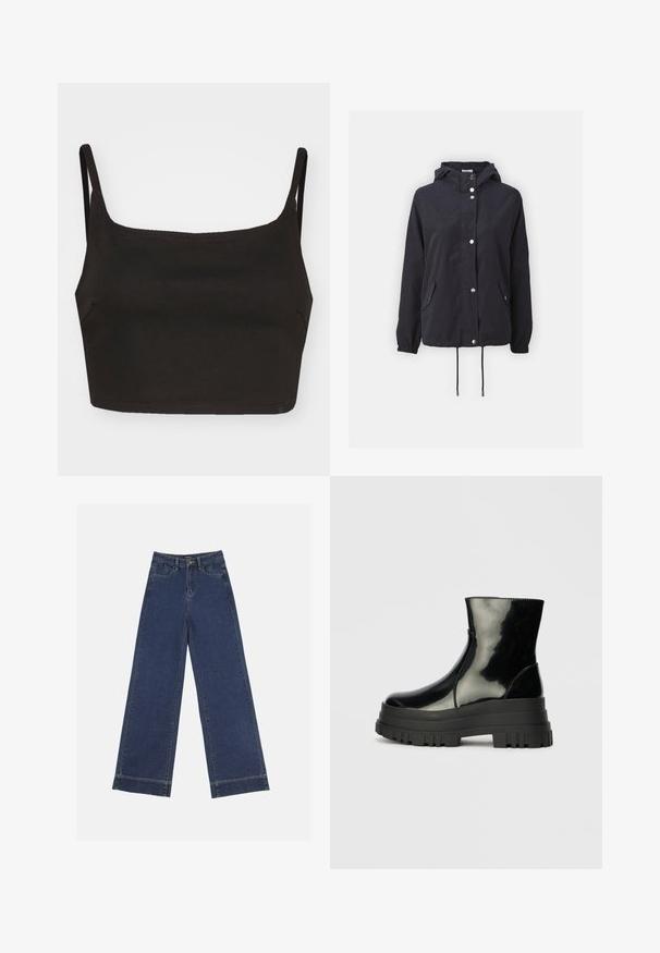 Mørkeblå hettejakke laget av lett stoff, med sølvfargede trykknapper, to frontlommer og justerbare snorer i kanten.; Svart crop-top med tynne stropper, laget av et glatt stoff. Har en rett utringning og minimalistisk design. Ingen synlige mønstre eller maskinvare.; Videbenede dressbukser i mørkeblå denim. Har fem lommer, beltestropper og en rå kant i bunden med synlige stikninger.; Svart, blank ankelstøvel med tykk såle og rund tå, sett fra siden på en enkel, lys grå bakgrunn.