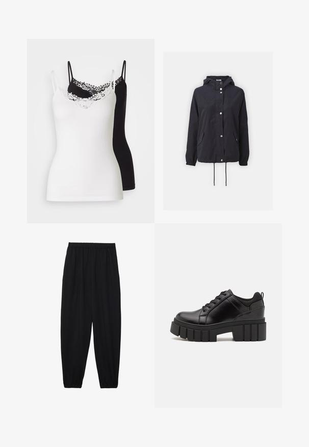 Tumesinine kapuutsiga jakk, mis on valmistatud kergetest materjalidest, sisaldab hõbedasi pigistuspaneele, kahte esikotti ja reguleeritavaid tõmblukke alumises servas.; Kaks kampsunit, üks valge ja teine must, reguleeritavate rihmadega. Valgel kampsunil on pitsiline ääris kaeluses. Sile tekstuur.; Mustad, kerge kangas püksid elastse vöökoha ja kokku volditud pahkluudega. Kanga pind on sile ja disain on lõdvestunud, kitsenev.; Must musta platvormsussid paksu plokkninal, ümmarguse varbaga ja traditsioonilise nööridega kinnitamisega. Sussid on sileda tekstuuriga ja minimaalsete detailidega.