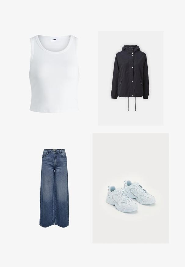 Giacca con cappuccio di colore blu navy realizzata in tessuto leggero, con bottoni a pressione argentati, due tasche frontali e cordini regolabili sull'orlo.; Canottiera bianca a coste con scollatura rotonda, senza maniche e lunghezza cropped. Etichetta con la scritta "JJXX". Tessuto di texture liscia.; Jeans in denim blu a gamba larga, con vita alta, design classico a cinque tasche e lavaggio sbiadito per una vestibilità rilassata.; Scarpe da ginnastica di colore azzurro chiaro con una tomaia in rete e sintetico, caratterizzate da pois bianchi e dettagli riflettenti, design con lacci e suole imbottite.