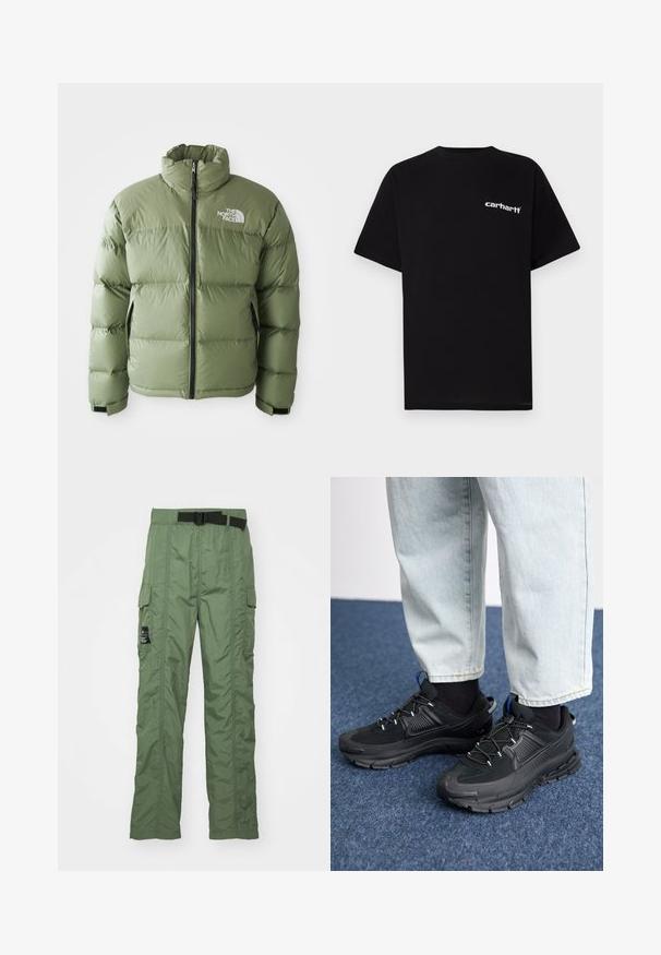 Zöld szigetelt puffermellény magas gallérral, elülső cipzárral, oldalsó zsebekkel és fehér The North Face logóval a mellkason.; Fekete pamut rövid ujjú póló kerek nyakkivágással és fehér "Carhartt" logóval a bal mellrészen. Simaszövetű, letisztult dizájn.; Olíva zöld cargo nadrág, könnyű szövetből készült. Fekete övvel, oldalsó cargo zsebekkel és varrási részletekkel rendelkezik.; Fekete sportcipők texturált anyaggal és gumitalppal, elasztikus fűzőkkel és kék kiegészítővel a saroknál. Világos farmernadrággal viselve.