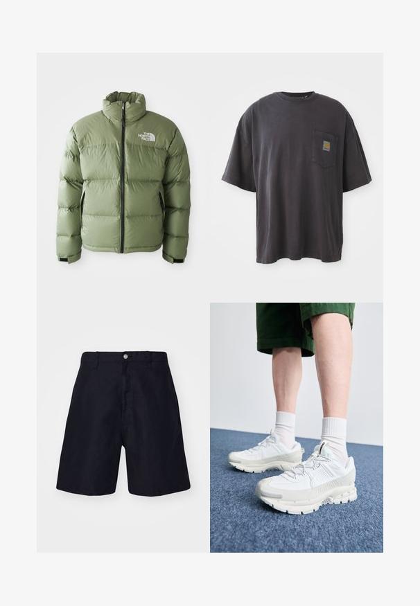 Zöld szigetelt puffermellény magas gallérral, elülső cipzárral, oldalsó zsebekkel és fehér The North Face logóval a mellkason.; Fekete pamut póló rövid ujjakkal, kerek nyakkivágással, és bal oldalon egy zsebével, amelyen négyzet alakú logó címke található. Egyszerű és díszítés nélküli dizájn.; Tengerészkék, könnyű anyagból készült sortok, gombos záródással, övhurkokkal és egyenes lábujj kialakítással. Minimalista stílus, minta nélkül.; Fehér sportcipők texturált burkolattal, vastag talppal és szürke részletekkel. Fehér sportzoknival és zöld rövidnadrággal viselve, kék felületen.