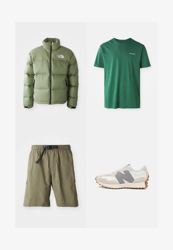 Žalias pašiltintas pūkinis džemperis su aukštu apykakle, priekiniais užtrauktukais, šoniniais kišenėmis ir baltu "The North Face" logotipu ant krūtinės.; Žalias medvilninis marškinėliai su apvalia iškirpte, trumpomis rankovėmis ir mažuoju baltu "Columbia" logotipu ant krūtinės. Minkšta tekstūra, kasdieniškas dizainas.; Kaki spalvos cargo šortai su elastinga juosmens juosta, reguliuojama juoda diržo, ir dviem šoninėmis kišenėmis. Audinys su tekstūra ir kasdienišku dizainu.; Retro sportiniai batai balti ir pilki, su zomšo ir odos viršumi, tekstūruota pilka "N" logotipu ir guminėmis padais su sukibimu.