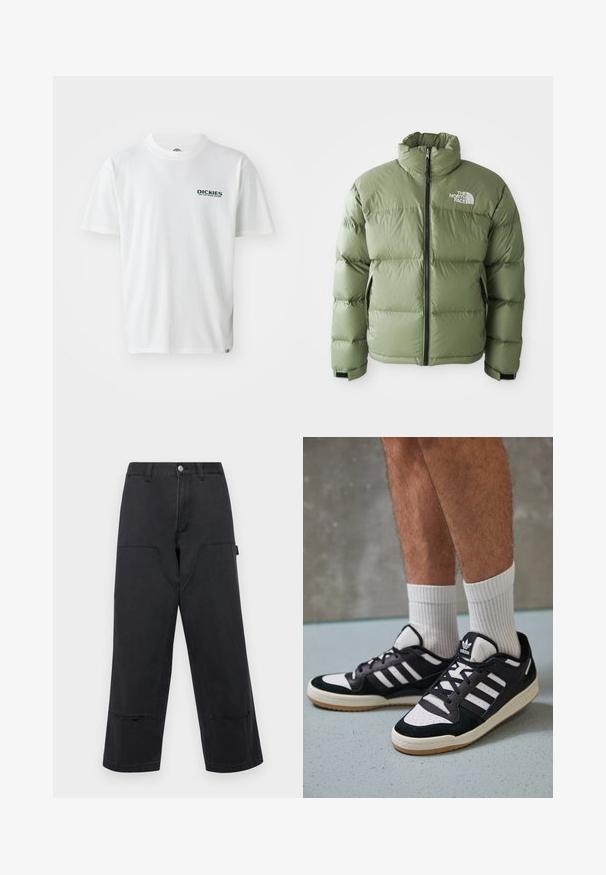 Grønn isolert dunjakke med høy krage, frontglidelås, sidelommer og hvit The North Face-logo på brystet.; Hvit bomulls t-skjorte med korte ermer, med en grønn "DICKIES ON THE ROAD AGAIN"-logo på venstre bryst. Standard rund hals design.; Sorte vidde bukser i denim med store frontlommer, rett snitt og kontrastsøm. Har metallknapplukking.; Sorte og hvite sneakers med overdel i semsket skinn og lær, med tre hvite striper, perforert tå og en såle av gummi.