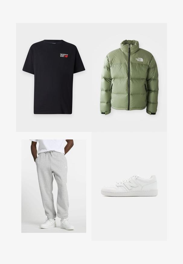 Grønn isolert dunjakke med høy krage, frontglidelås, sidelommer og hvit The North Face-logo på brystet.; Svart bomulls t-skjorte med rund halsing. Har en liten rød og hvit "New Balance" logo og tekst på øvre venstre brystområde.; Mann iført lysegrå joggebukser med snor og hvite sneakers, stående med hendene i lomma på en hvit bakgrunn.; Hvit sneakers laget av glatt lær, med perforert tå, en teksturert gummisåle, flate lisser og en fremtredende 'N' logo på siden.