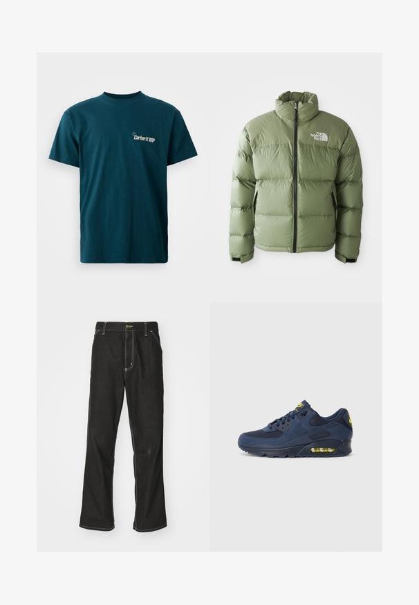 Groene geïsoleerde pufferjack met hoge kraag, frontale rits, zijzakken en wit The North Face-logo op de borst.; Teal katoenen T-shirt met korte mouwen en een ronde hals. Voorzien van een grafische print van "Carhartt WIP" aan de voorkant in het wit.; Zwarte denim jeans met een losse pasvorm, voorzien van contrasterende witte stiksels, een knoopsluiting en een recht ontwerp.; Marineblauwe Nike Air Max sneakers met een bovenwerk van suede en mesh, voorzien van gele accenten, vetersluiting aan de voorkant en zichtbare luchtvering in de zool.