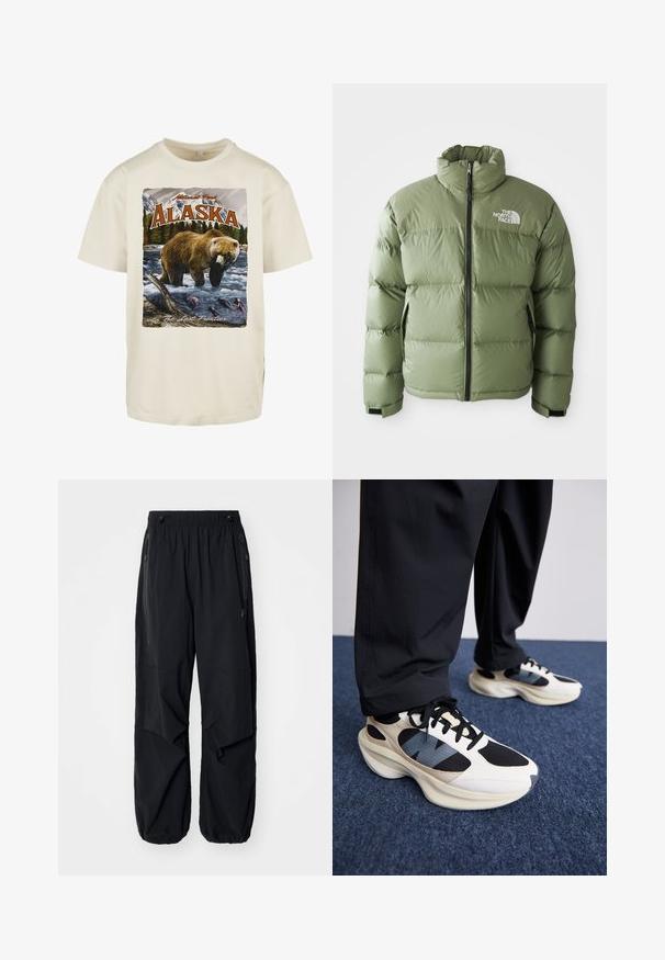 Zelená zateplená puffová bunda s vysokým golierom, predným zipsom, bočnými vreckami a bielym logom The North Face na hrudi.; Krémová bavlnená tričko s grafickým potlačou hnedého medveďa vo vode, hôr a stromov, s nápismi "Aljaška" a "Posledná hranica."; Čierne ľahké cargo nohavice s elastickým pásom, bočnými zipsami a priestrannými vreckami. Majú voľný strih a zúžené manžety.; Biele a čierne tenisky s textúrovanými prekrytiami a modrým akcentom, s mohutnou podrážkou a čiernymi šnúrkami, v kombinácii s čiernymi nohavicami.