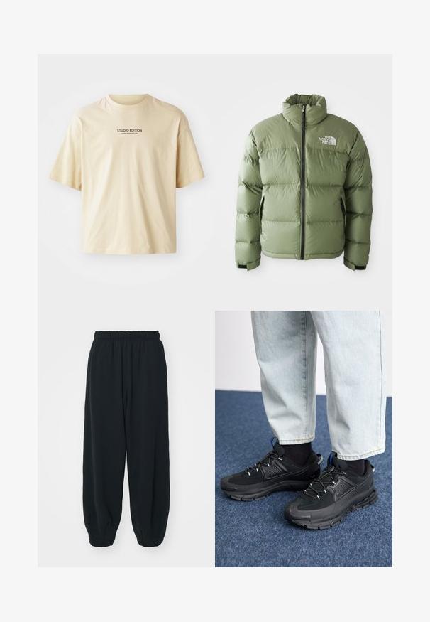 Green insulated puffer jacket with high collar, front zipper, side pockets, and white The North Face logo on the chest.; Beige cotton t-shirt with a crew neck, short sleeves, and the text "STUDIO EDITION" in black print across the chest.; Black, elasticated-waist sweatpants with a loose fit, cuffed ankles, smooth texture, and no visible patterns or hardware accents.; Black athletic shoes with textured fabric and rubber soles, featuring elastic laces and a blue accent on the heel. Worn with light denim pants.