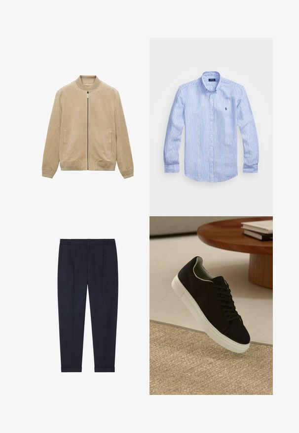 Beige suede bomber jacket with a front zipper, ribbed collar and cuffs, and two side pockets, featuring a smooth, matte texture.; Blue and white striped long-sleeve shirt made of cotton, featuring a button-down collar, front buttons, and a small embroidered logo on the chest.; Navy trousers made of a smooth fabric with a tailored fit, featuring two front pockets and cuffs at the ankles.; Black sneaker with white sole floating above beige textured rug near round wooden table with stacked books.