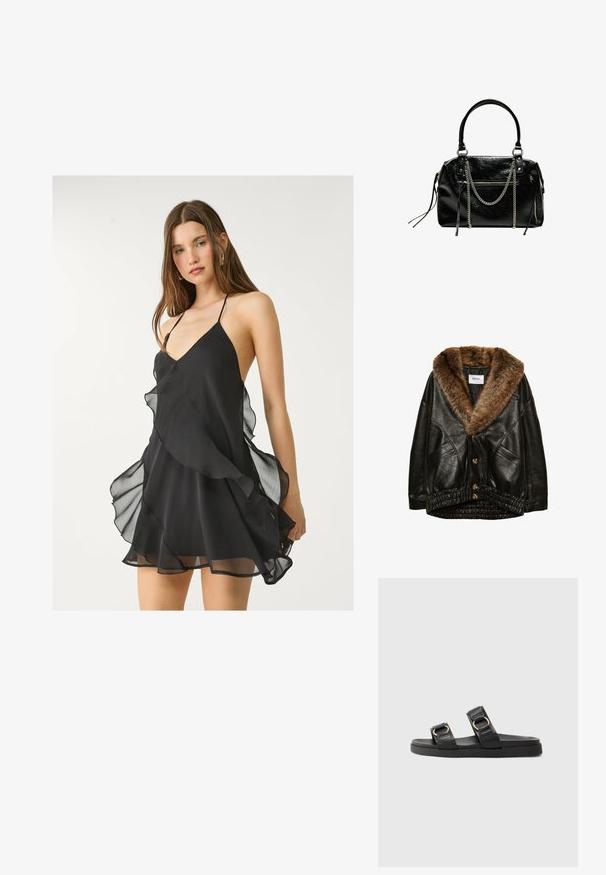 Svart läderjacka med krage i brun fuskpäls, knäppning fram och en samlad elastisk nederkant. Texturerad yta med sidofickor.; Svart chiffongklänning med en djup V-ringning, tunna axelband och lager av volanger längs fållen, i en mjuk och lätt textur.; Svarta flip-flops med två justerbara remmar med guldfärgad hårdvara, en texturerad ovandel och en platt gummisula.; Bershka WITH CHAIN - Handväska - black